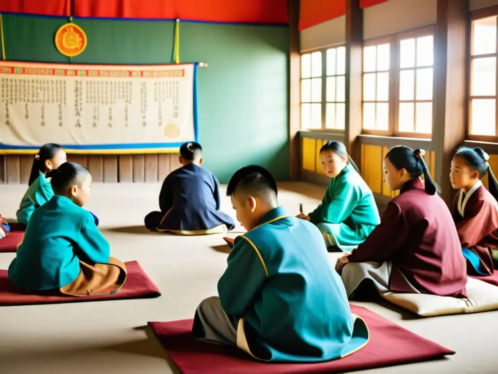 Academias en el Imperio Mongol: Aula tradicional con estudiantes y maestro, inmersos en la rica sabiduría cultural y educativa