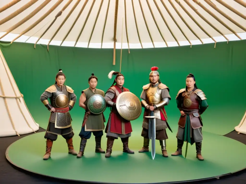 Actores con trajes de guerreros mongoles en set de Hollywood, mostrando exactitud histórica en el Imperio Mongol