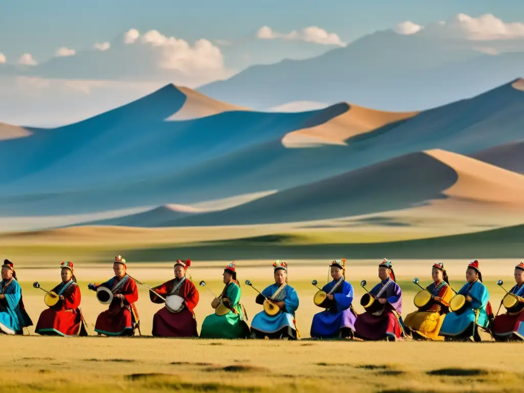 Una actuación musical tradicional mongola en las vastas estepas, con músicos, cantante de garganta y paisaje impresionante