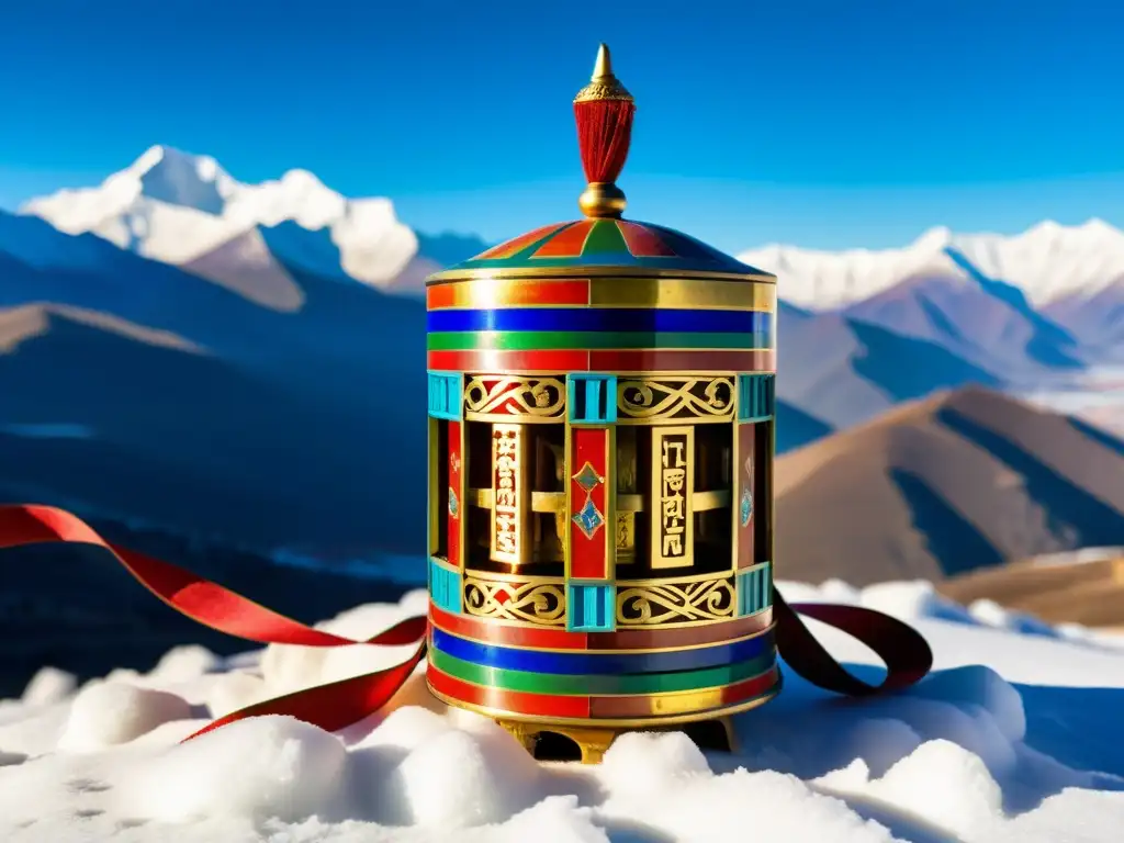 Prayer wheel mongol adornado con cintas coloridas, en la cima nevada