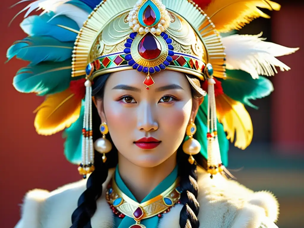 Adornos mongoles a través siglos: Headdress dorado y adornado con plumas y gemas, usados por una noble mujer mongola en una celebración tradicional