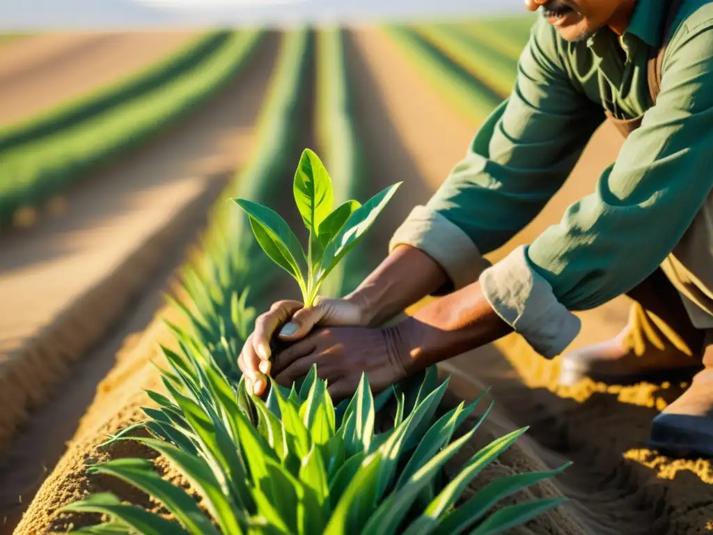 Un agricultor cuida con esmero cultivos en la estepa dorada, mostrando técnicas innovadoras