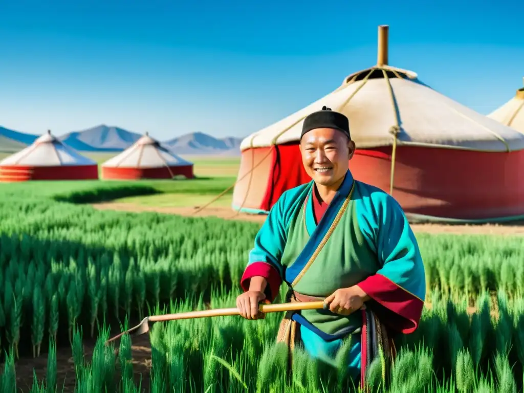 Un agricultor mongol cultiva un campo de trigo bajo el cielo azul