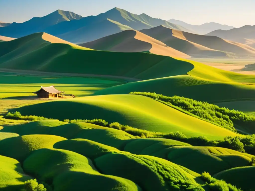 Un agricultor mongol trabaja la tierra con prácticas agrícolas tradicionales, bajo la cálida luz dorada