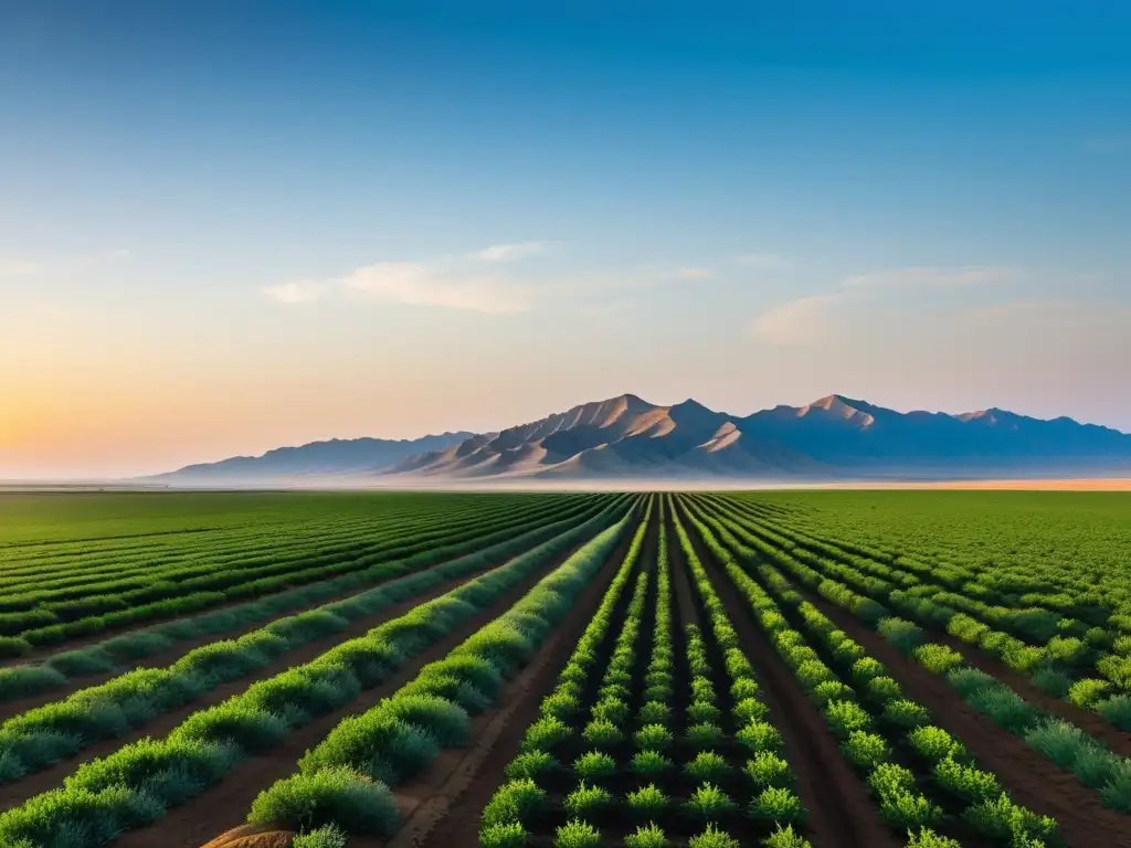 Un agricultor solitario trabaja en cultivos verdes vibrantes en una extensa estepa dorada, bajo un cielo azul claro