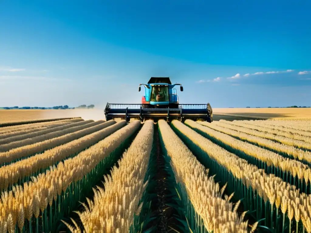 Un agricultor cosechando trigo con maquinaria innovadora en las estepas