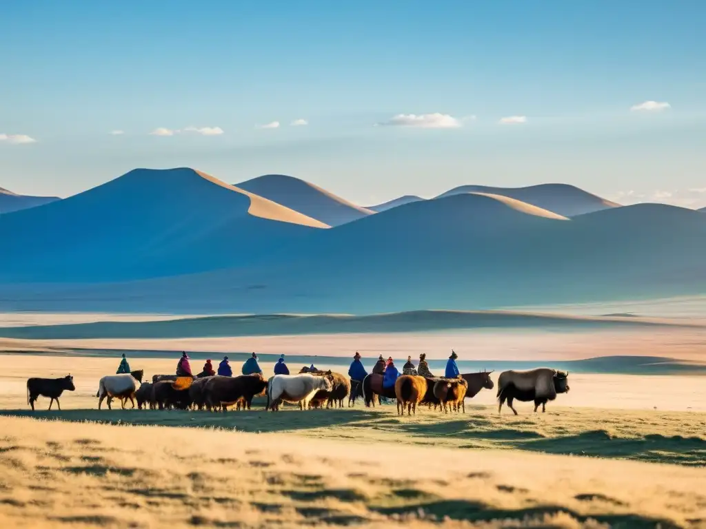 Agricultura en las Estepas Mongoles: Herders atienden ganado en la vasta e impresionante estepa mongol bajo el cálido sol