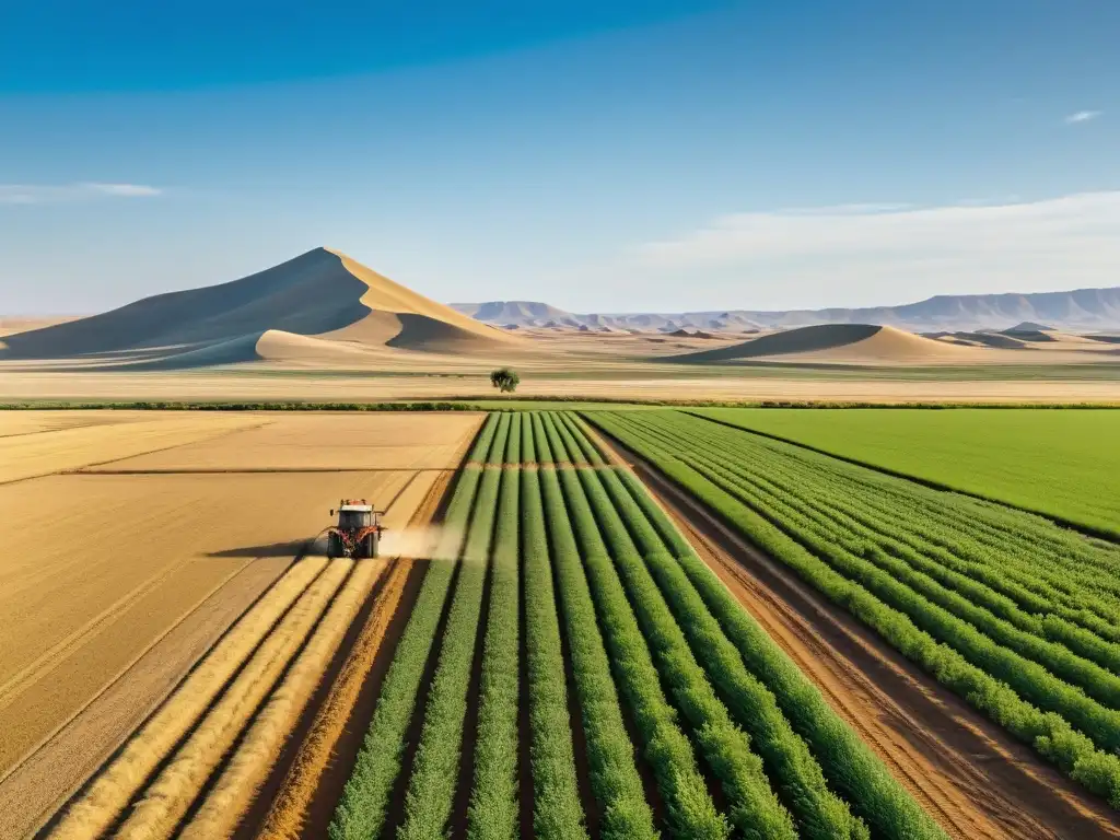 Agricultura innovadora en estepas: solitario agricultor cuida cultivos innovadores bajo cielo azul en vasta estepa dorada