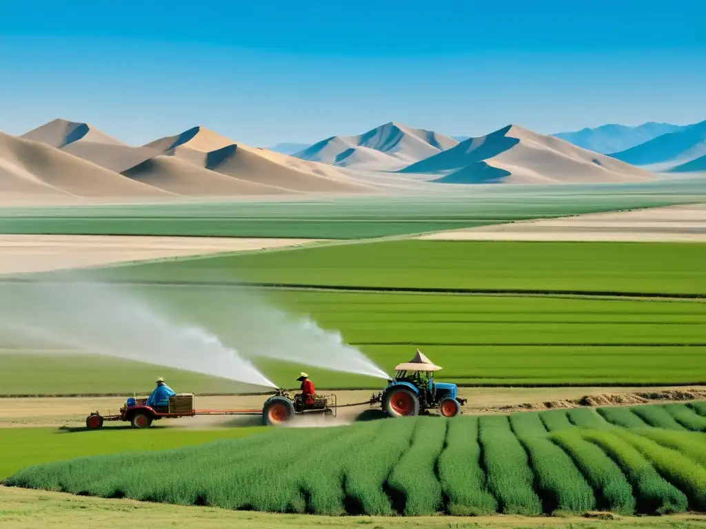 Mongolian farmers using traditional irrigation methods, showcasing agricultural innovations in the Mongol Empire