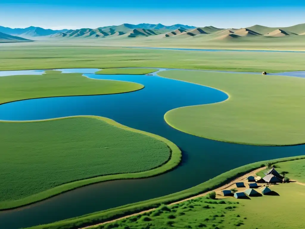 Gestión del agua en Mongol: Nomadas cuidando antiguos canales de riego en la vasta estepa, bajo el cielo azul y exuberante vegetación