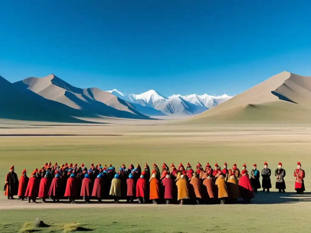 Alianza de tribus mongolas unidas en ceremonia de Kuriltai bajo el cielo azul y montañas majestuosas