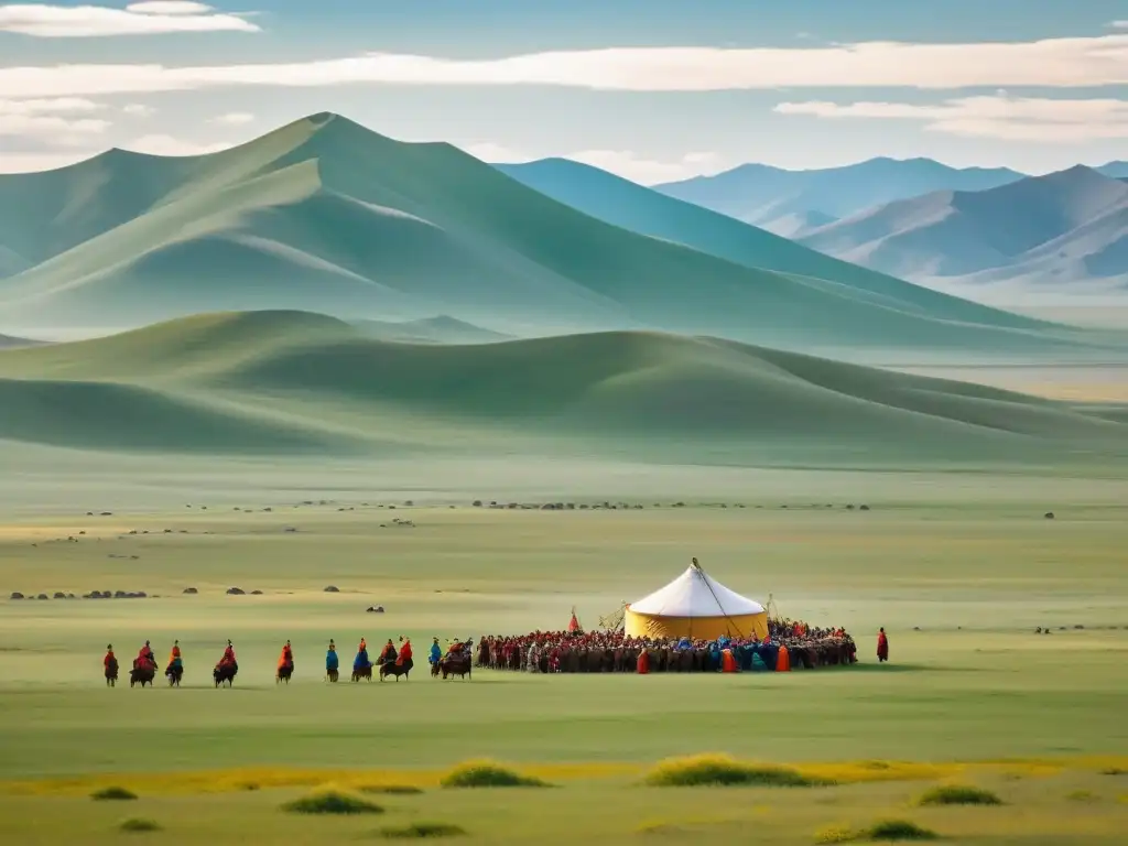 Alianza de tribus mongolas unidas bajo una gran bandera, celebrando su rica herencia cultural en las vastas estepas