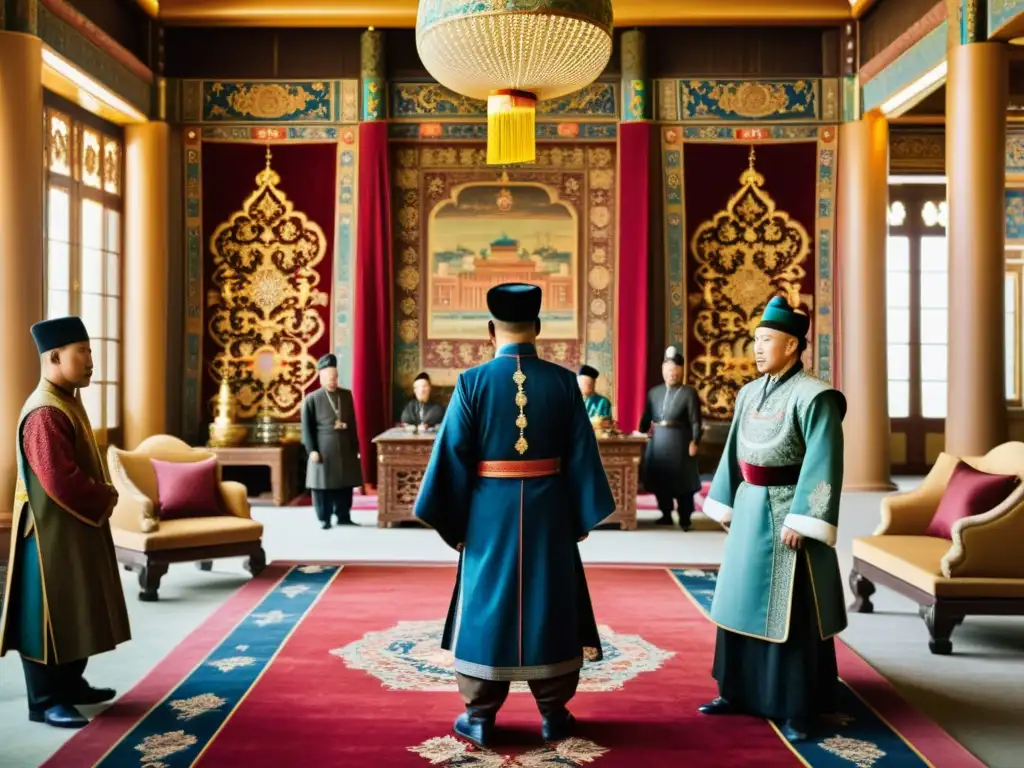 Diplomacia Mongol en Europa: Encuentro transcendental Alianzas diplomáticas mongoles con Europa: Intensas discusiones entre diplomáticos mongoles y nobles europeos en un suntuoso palacio
