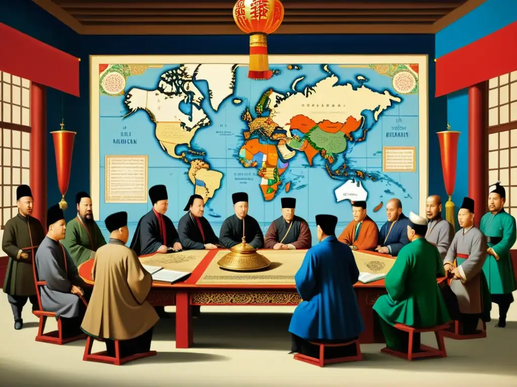 Encuentro diplomático: Mongolias y Europa en intriga Alianzas diplomáticas: Pintura detallada de diplomáticos mongoles y europeos en una sala grandiosa, discutiendo rodeados de símbolos culturales