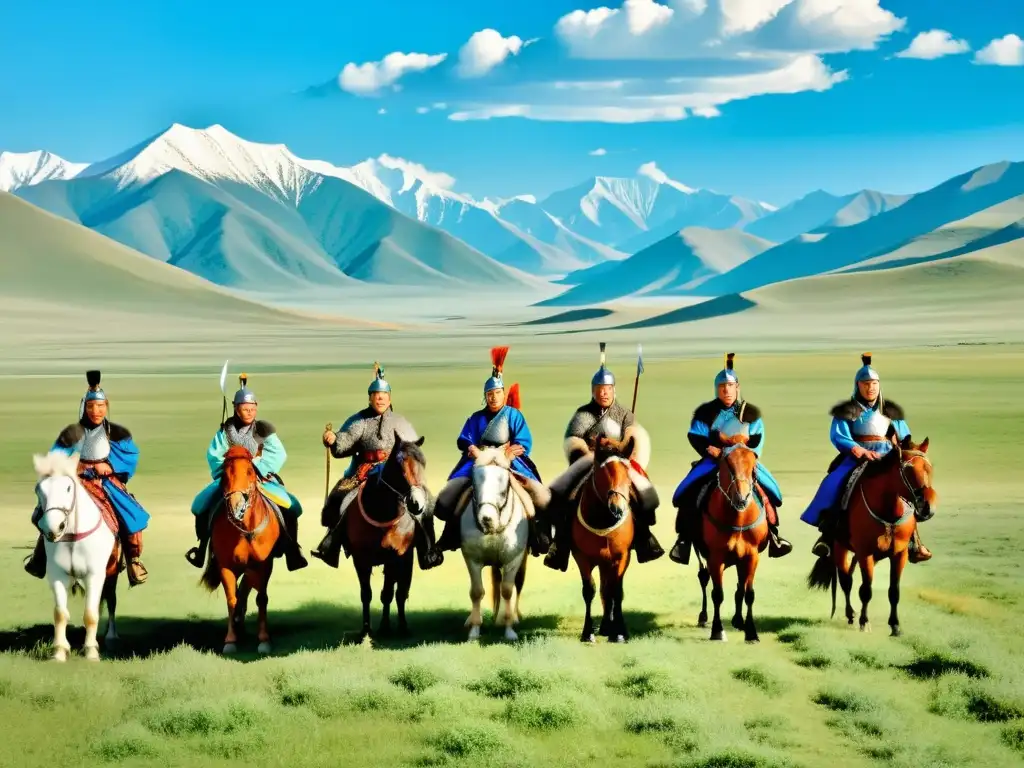 Alianzas estratégicas Imperio Mongol: Guerreros en armadura tradicional a caballo, con vasto paisaje de Mongolia y montañas al fondo