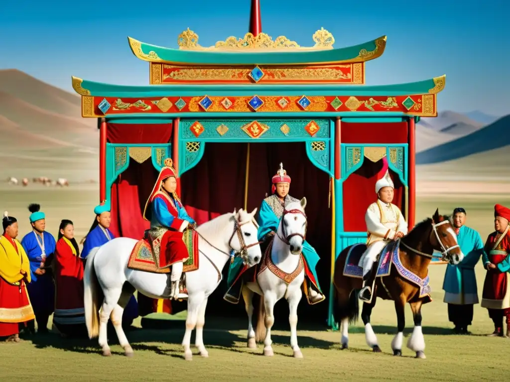 Alianzas matrimoniales mongolas en el impresionante paisaje del Medio Oriente, con una boda tradicional y colorida en el desierto