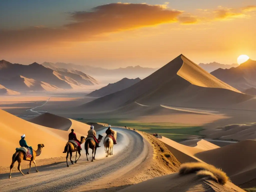 Un amanecer dorado ilumina la antigua Ruta de la Seda, con caravanas y mercaderes a lo largo del legendario camino