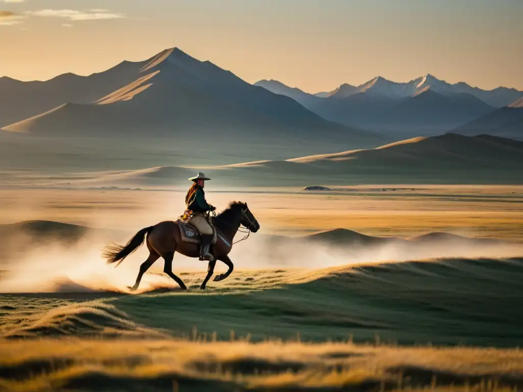 Un amanecer dorado en la inmenso estepa de Mongolia, con un jinete solitario y las leyendas orales Imperio Mongol