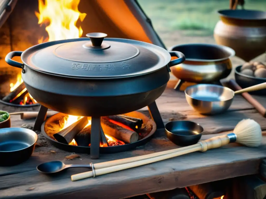 Un ambiente humeante y vibrante en una cocina nómada tradicional del Imperio Mongol, donde los cocineros preparan platos tradicionales