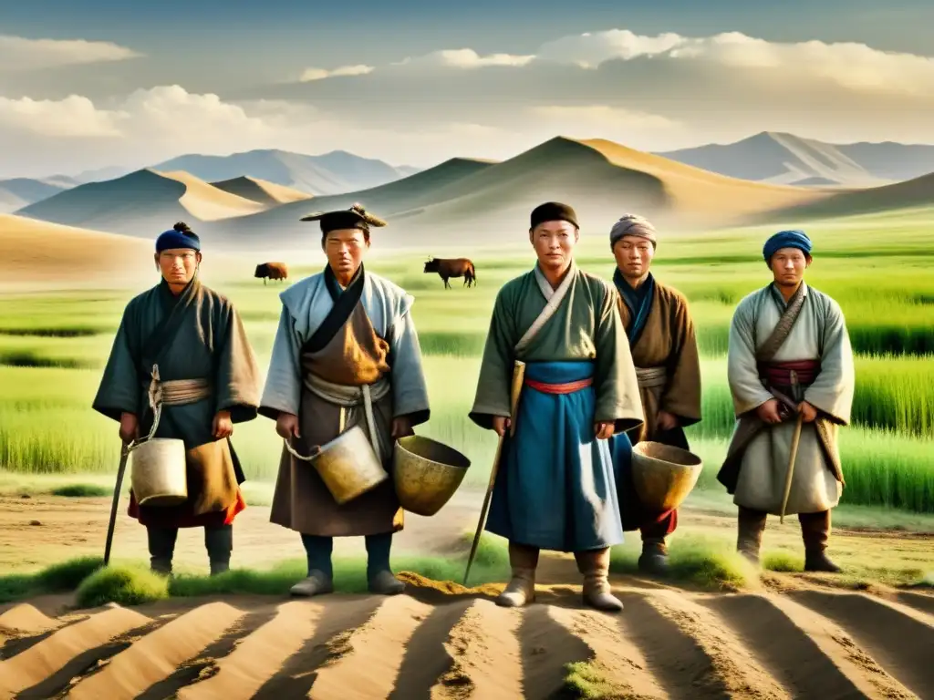 Esclavos en campos de Mongolia: dura realidad medieval Ambiente opresivo en la sociedad mongola con esclavos trabajando en los campos bajo supervisión