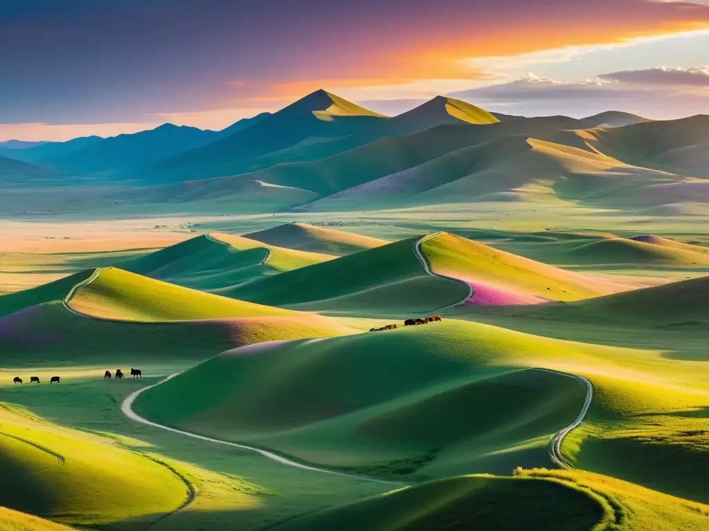 Amplia estepa de Mongolia al atardecer, con caballos pastando y un cielo vibrante