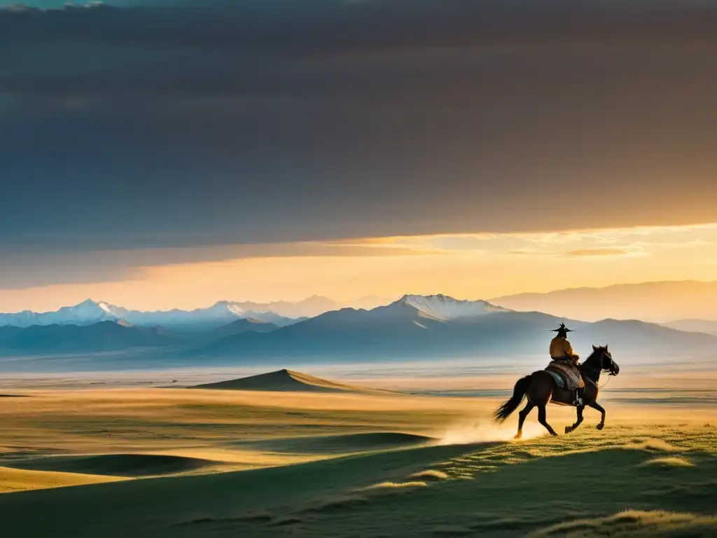 Amplia estepa mongola al atardecer, con figura a caballo