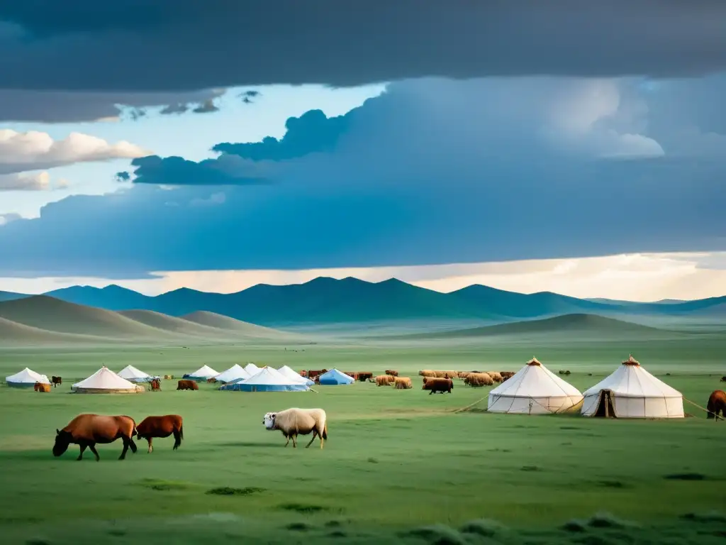 Amplia estepa mongola con campamento nómada y ciudad del Imperio Mongol al fondo, muestra la administración fiscal en el Imperio Mongol