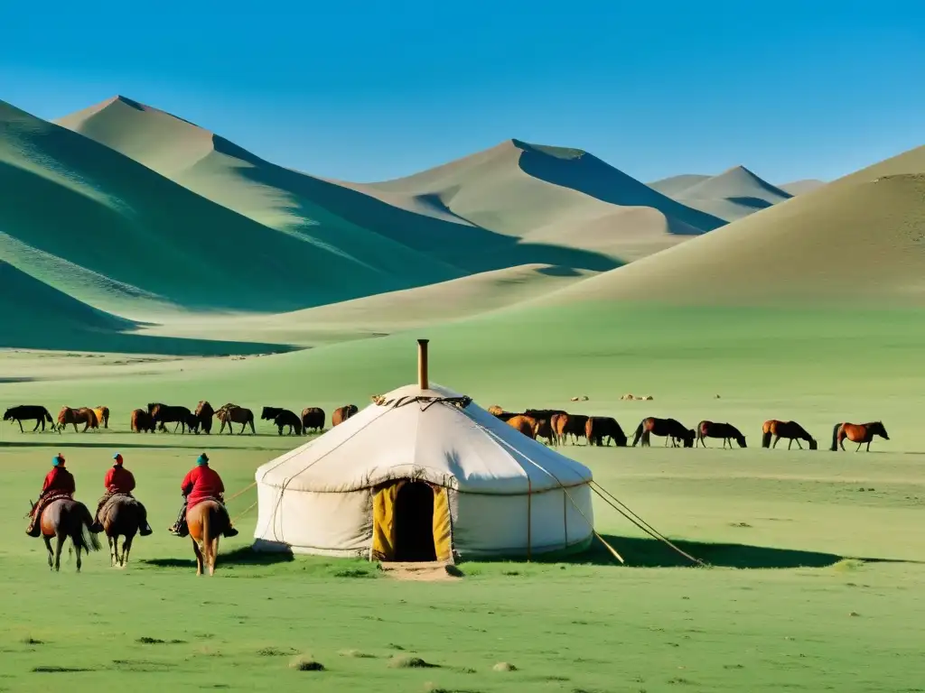 Amplia estepa mongola con colinas verdes, yurta nómada, caballos pastando y jinetes, reflejando el impacto ambiental de las campañas Khan en Mongolia