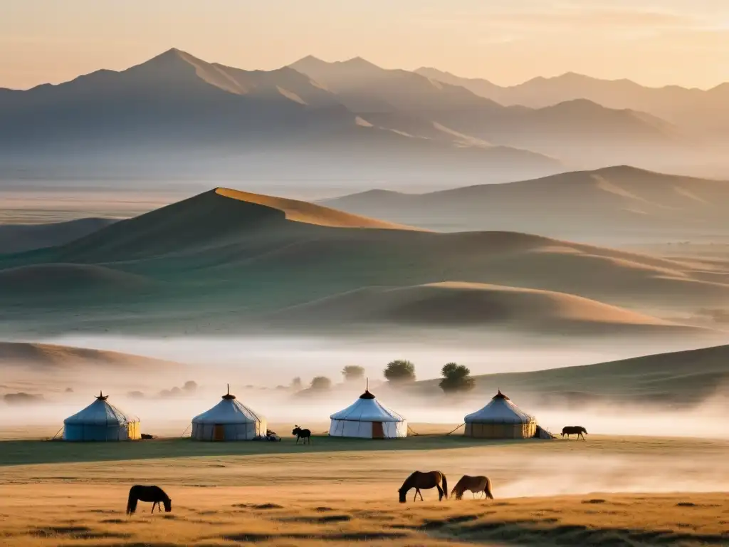 Amplia foto de la estepa mongola al amanecer con yurtas y caballos