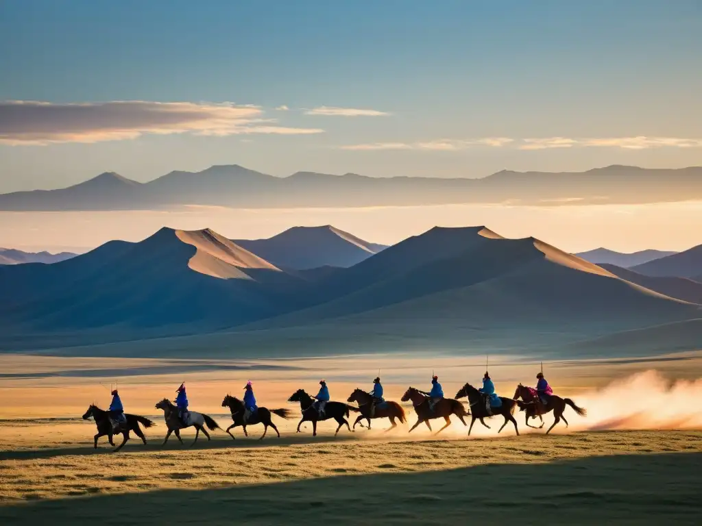 Amplia estepa mongola con guerreros a caballo entrenando, en un paisaje de montañas y cielo al atardecer, reflejando la mentalidad guerrera mongola