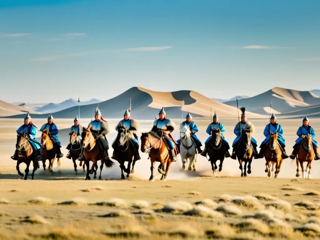 Amplia estepa de Mongolia, guerreros montados con tácticas de tácticas ejército mongol Asia, cielo azul, yurtas distantes