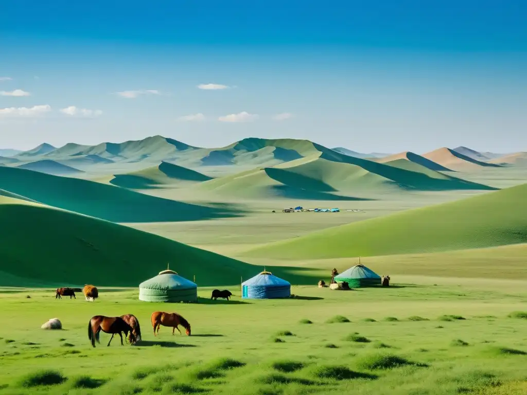 Amplia imagen de la vasta estepa mongol con colinas, valles verdes, cielo azul y yurtas