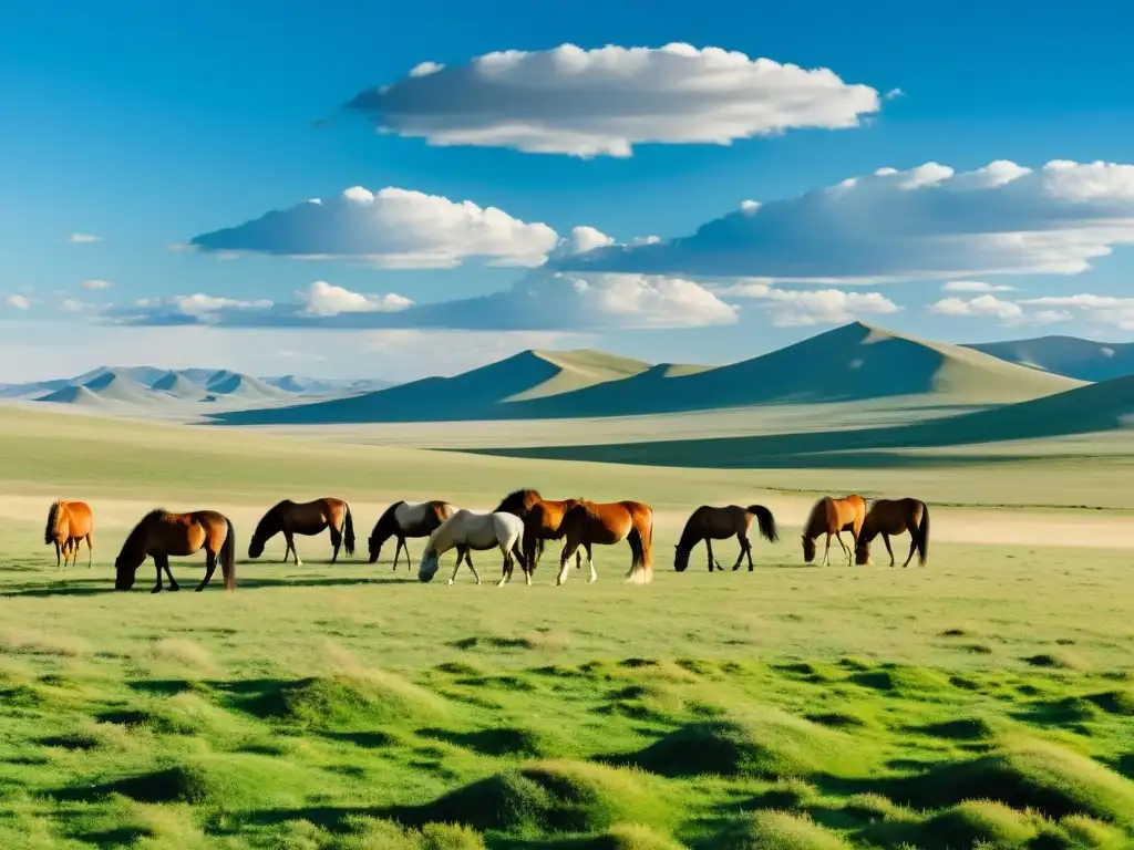 Amplia y majestuosa estepa mongola, con caballos salvajes pastando en paz bajo el cielo azul