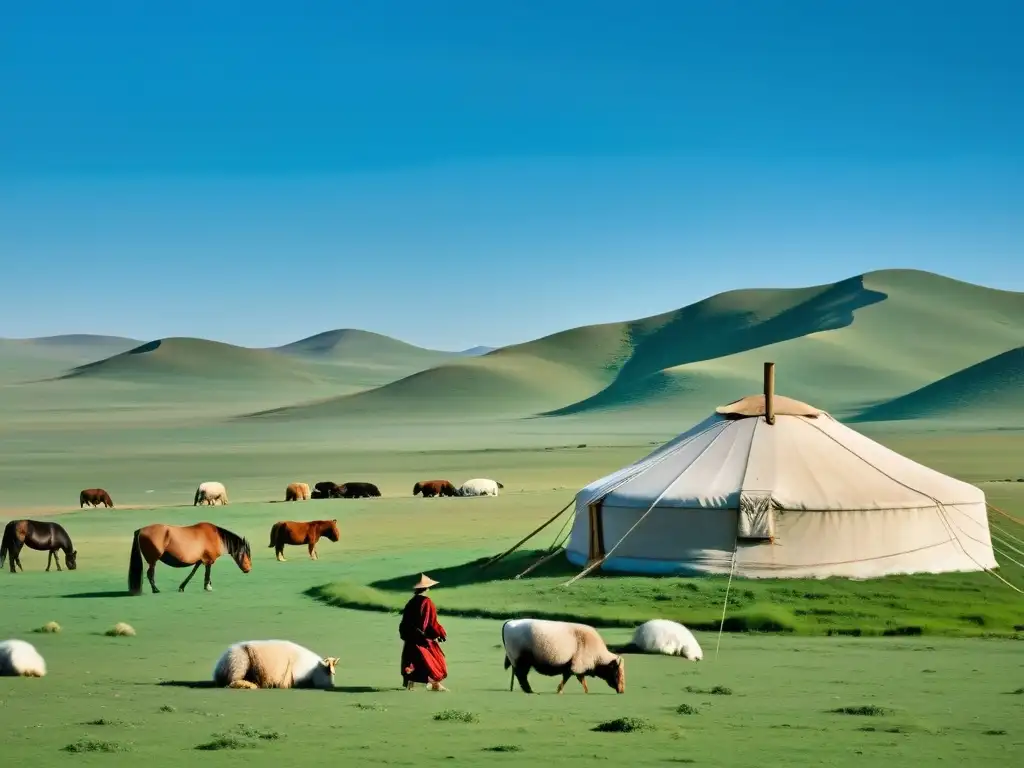 Amplia estepa mongol con yurta nómada, animales y pastores, reflejando el impacto de los sistemas de cultivo en la cultura mongol