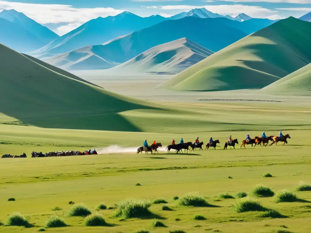 Amplia estepa mongola con pastizales verdes y jinetes nómadas en la Ruta de los Guerreros Mongolia