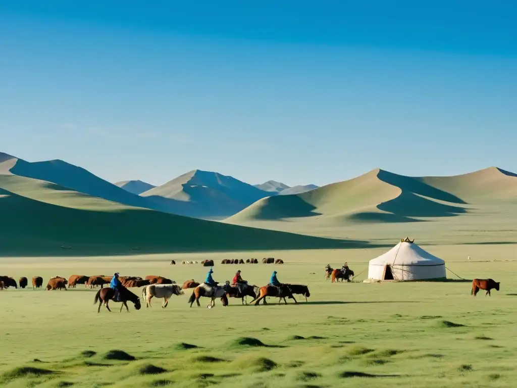 Amplia estepa mongola con pastores a caballo y yurtas, evocando armonía y sostenibilidad en el impacto ambiental conquistas imperio mongol