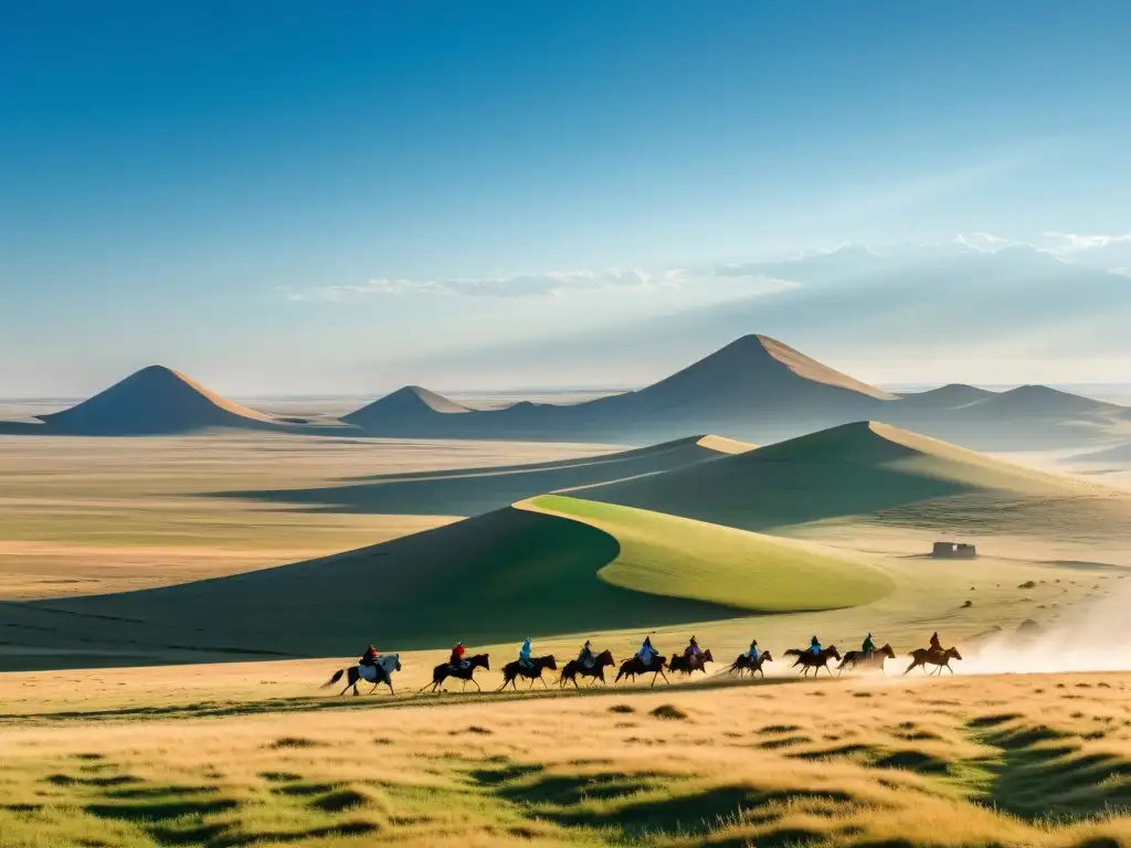 Amplia estepa mongola con yurtas y pastores, reflejando la estructura social nómada del Imperio Mongol