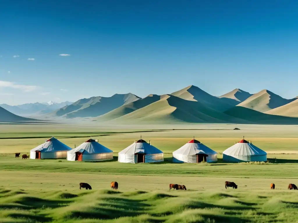 Amplia estepa mongola con yurtas, rebaños y montañas Altai al fondo
