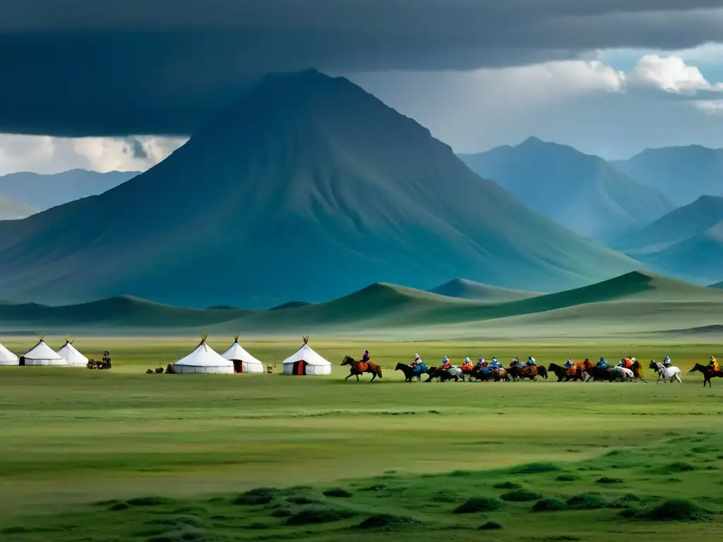 Amplia vista de las estepas de Mongolia bajo un cielo tormentoso