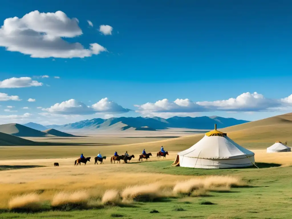 Amplia vista de la inmensa estepa mongol con yurtas nómadas, cielo azul y jinete