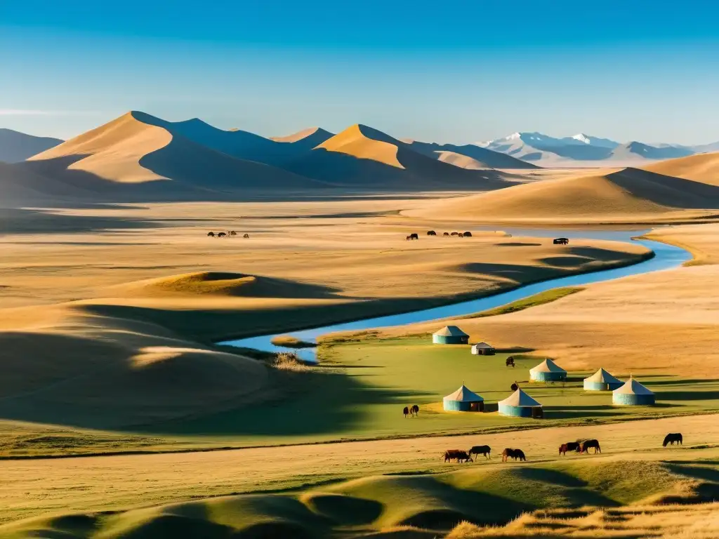 Amplia vista de la estepa mongol, con pastizales dorados, cielo azul y yurtas nómadas