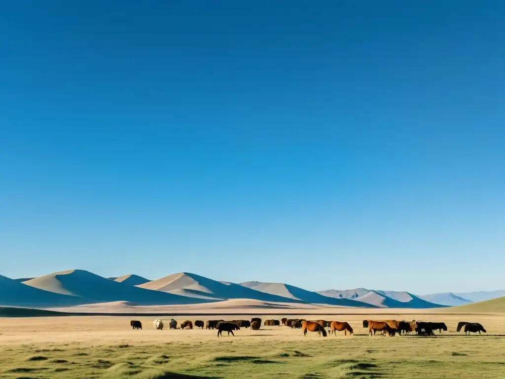 Amplia estepa mongola con yurtas nómadas, caballos y ovejas pastando, montañas al fondo