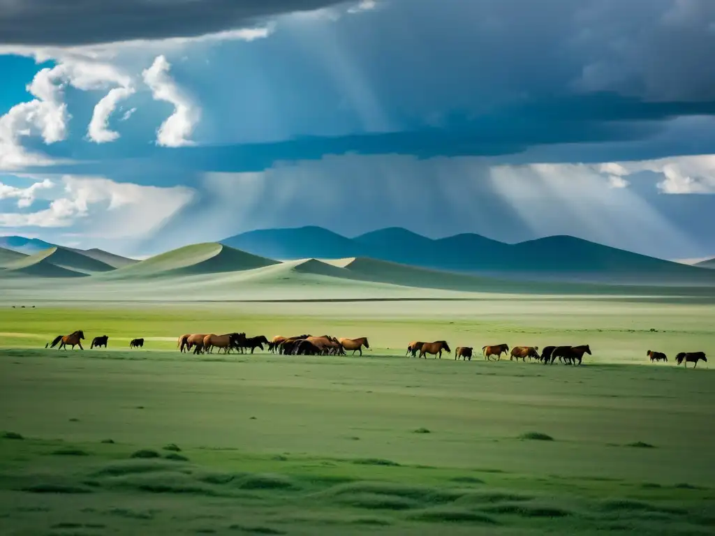 Amplias estepas de Mongolia con caballos pastando bajo un cielo dramático