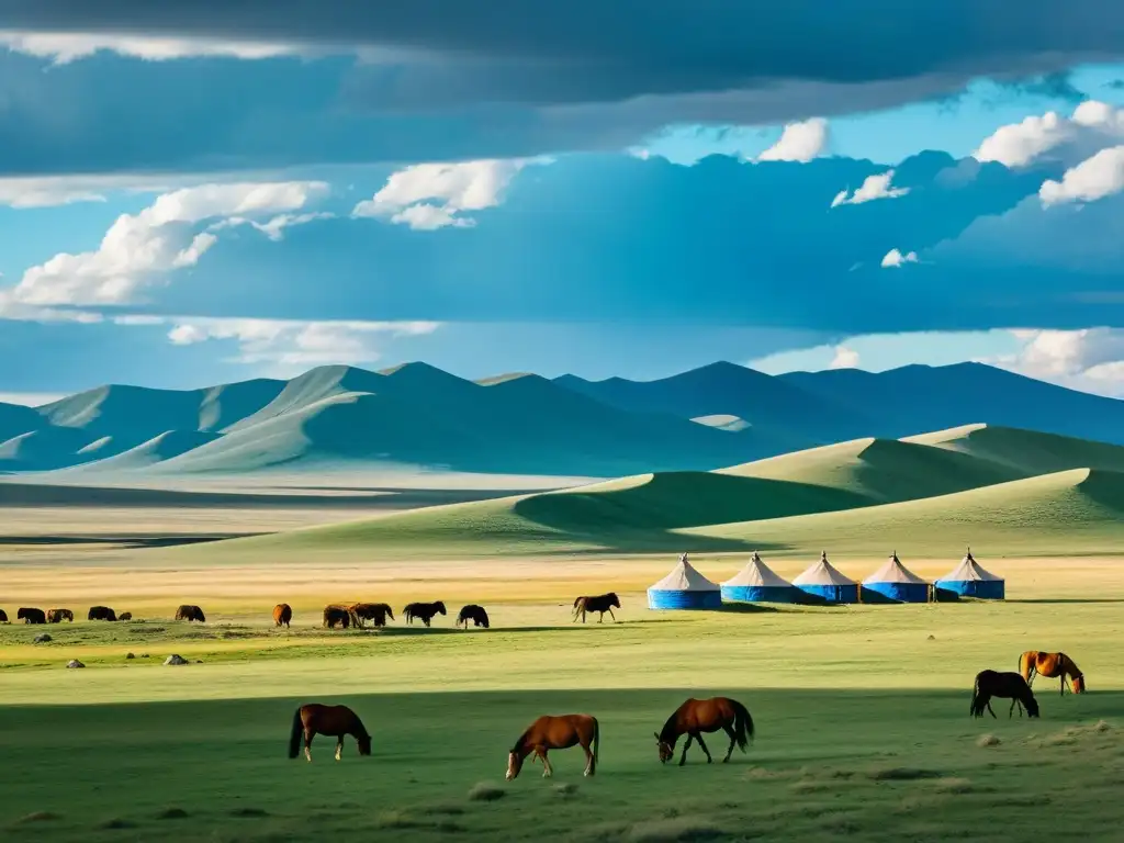 Amplias estepas de Mongolia bajo un cielo dramático, con yurtas nómadas, caballos y la herencia del legado legal Genghis Khan