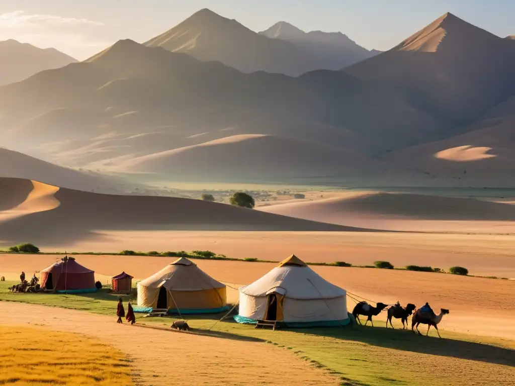 Amplias llanuras de Asia Central al atardecer, con pastores nómadas y camellos