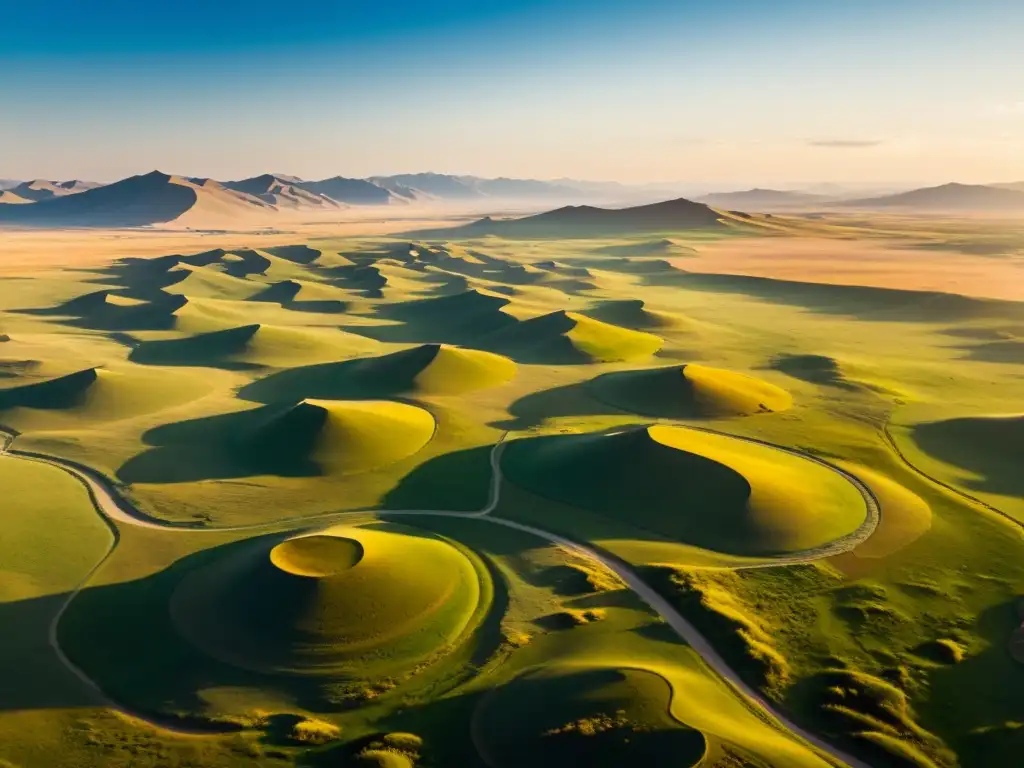 Amplias praderas verdes de Mongolia bañadas por la luz dorada del sol