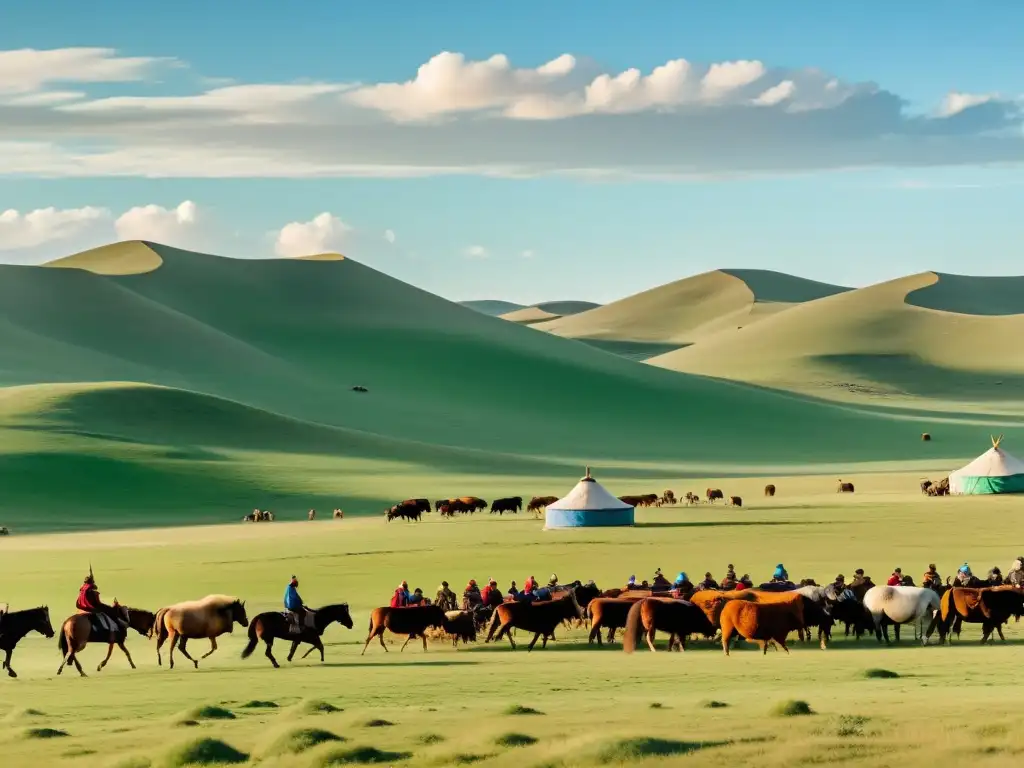 Bajo el amplio cielo, pastores nómadas mongoles cuidan su ganado yurtas