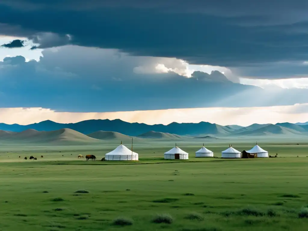 Amplio paisaje de la estepa mongol bajo un cielo dramático, con restos de antiguos campos de batalla