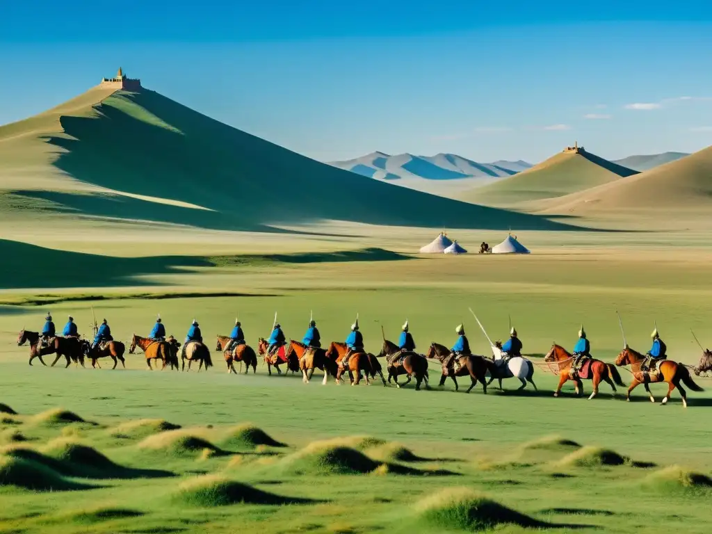 Amplio paisaje de estepas de Mongolia, con guerreros a caballo y yurtas dispersas