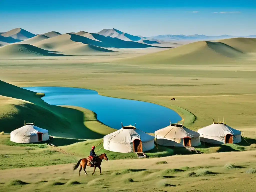 Amplio paisaje de la estepa mongola con yurtas tradicionales y nómadas a caballo, reflejando la estrategia de expansión imperial y diplomacia mongola en la imagen